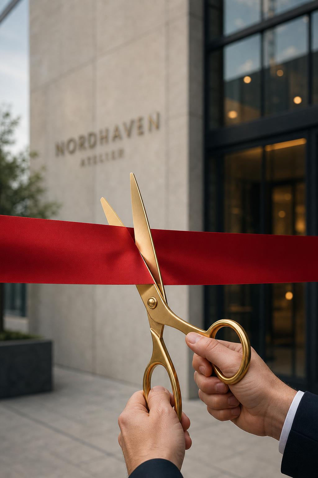 Stora ceremoniella guldsaxar klipper ett rött sidenband framför en modern Stockholmsfastighet